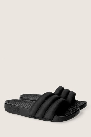 Pure Black Victoria's Secret Puffer Sliders | UGV-340582