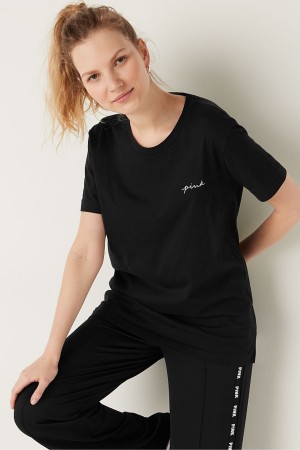 Pure Black Victoria's Secret Short Sleeve T-Shirt | BIR-873425