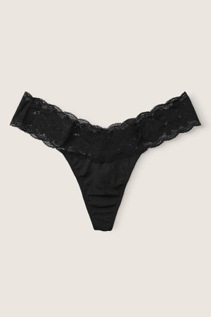 Pure Black Victoria's Secret Stretch Cotton Lace Trim Thong Knickers | OHG-258904