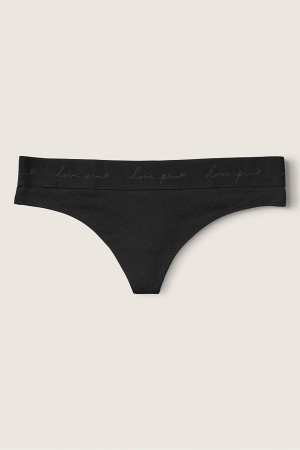 Pure Black Victoria's Secret Stretch Cotton Cotton Logo Thong Knickers | MND-970184