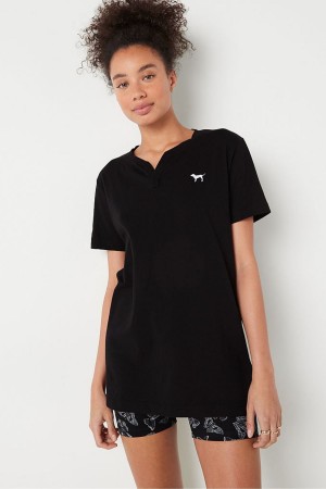 Pure Black Victoria's Secret V Neck Short Sleeve T-Shirt | ZUJ-927513