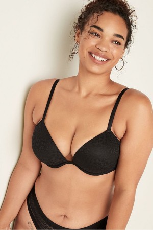 Pure Black Victoria's Secret Wear Everywhere Add 2 Cups Lace Push Up T-Shirt Bra | UTC-935041