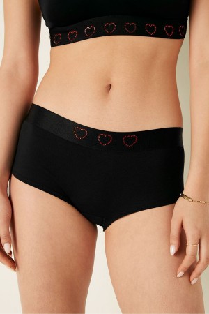 Pure Black with Short Diamente Band Black Victoria's Secret Stretch Cotton Cotton Logo Short Knickers | WEB-968207