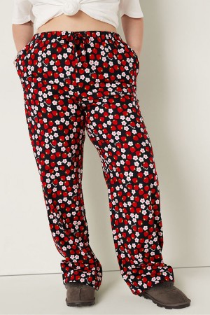 Pure Black with Strawberry Print Victoria's Secret Flannel Pyjama Bottoms | FUV-156478