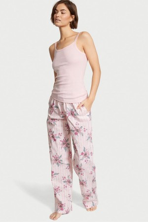 Purest Pink Floral Stripe Victoria's Secret Cotton Long Pyjamas | MXG-856391