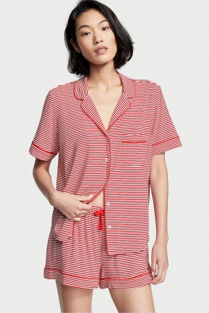 Red Stripe Victoria's Secret Modal Pyjama Short Pyjamas Set | VKS-130768