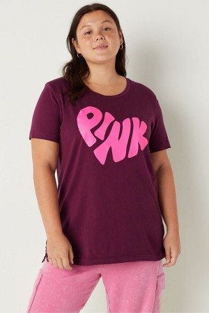 Rich Maroon Pink Graphic Victoria's Secret Cotton Short Sleeve Campus T-Shirt | DOJ-715962