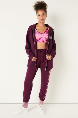 Rich Maroon Shine Victoria's Secret Fleece Oversized ZipUp Sweatshirt | NMR-796834