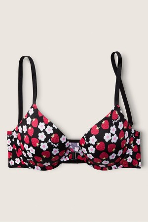 Strawberry Floral Black Victoria's Secret Wear Everywhere Front Fastening Push Up T-Shirt Bra | LJI-214709