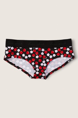 Strawberry Floral Print Pure Black Victoria's Secret Stretch Cotton Cotton Logo Hipster Knickers | MPZ-763952