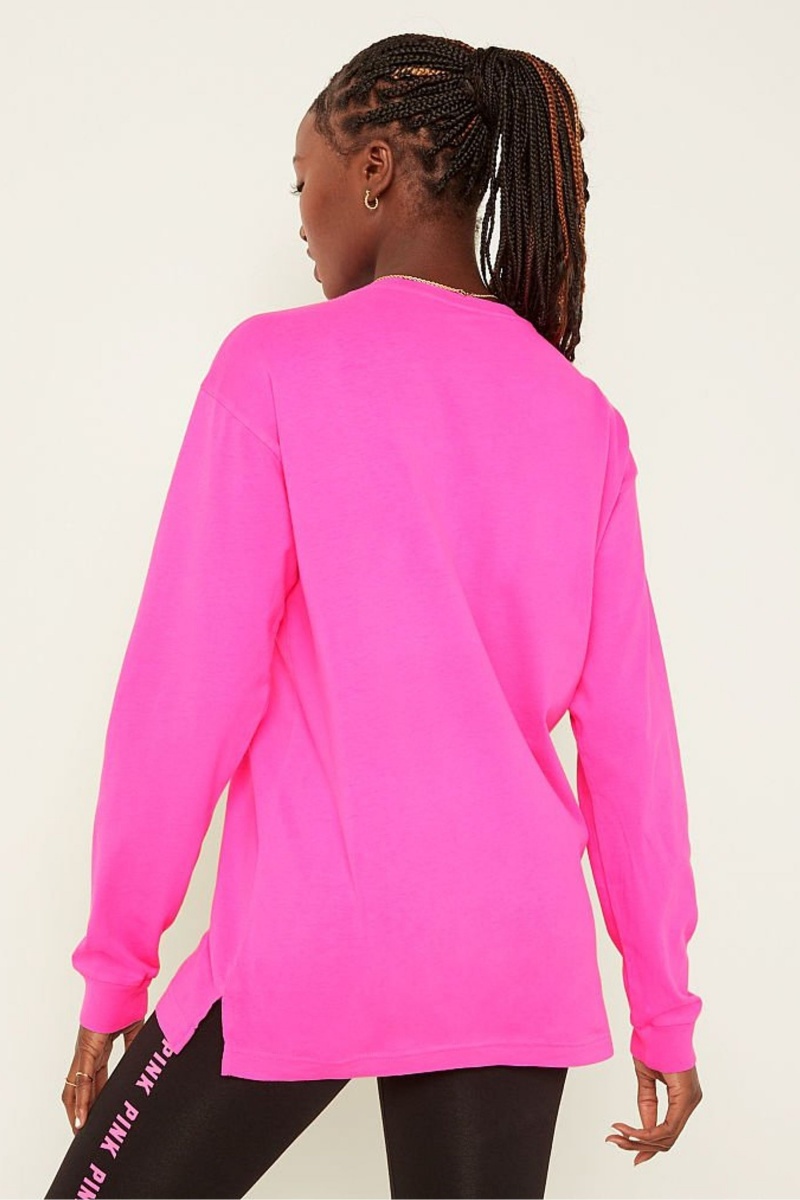 Atomic Pink Sans Logo Victoria's Secret Cotton Long Sleeve Campus T-Shirt | DRU-423861