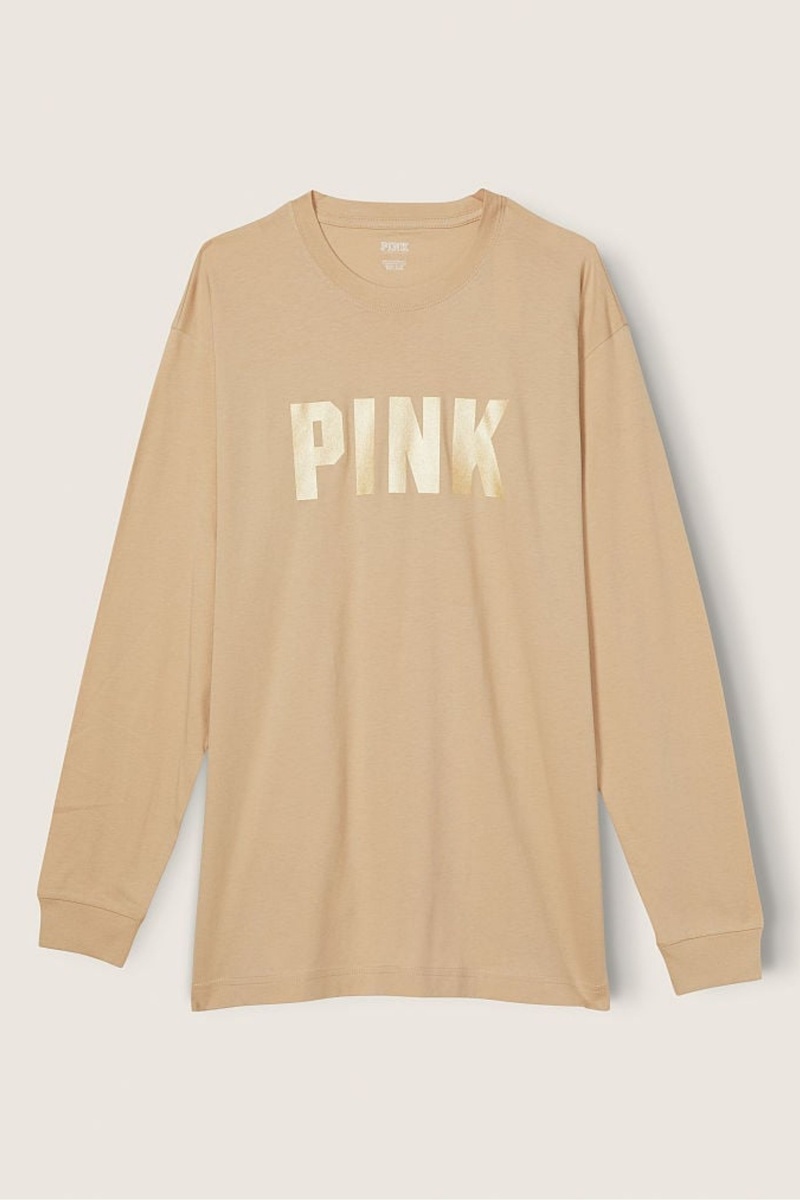 Atomic Pink Sans Logo Victoria's Secret Cotton Long Sleeve Campus T-Shirt | SMA-417659