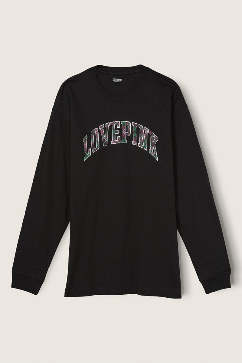 Atomic Pink Sans Logo Victoria's Secret Cotton Long Sleeve Campus T-Shirt | LKU-892053