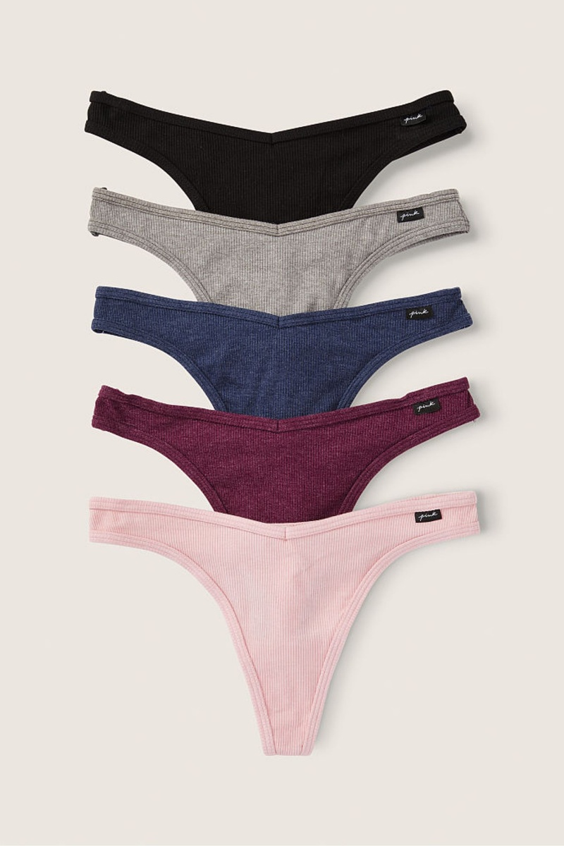 Black/Grey/Blue/Burgundy/Pink Victoria\'s Secret Stretch Cotton Cotton Thong Knickers 5 Pack | HUE-145793