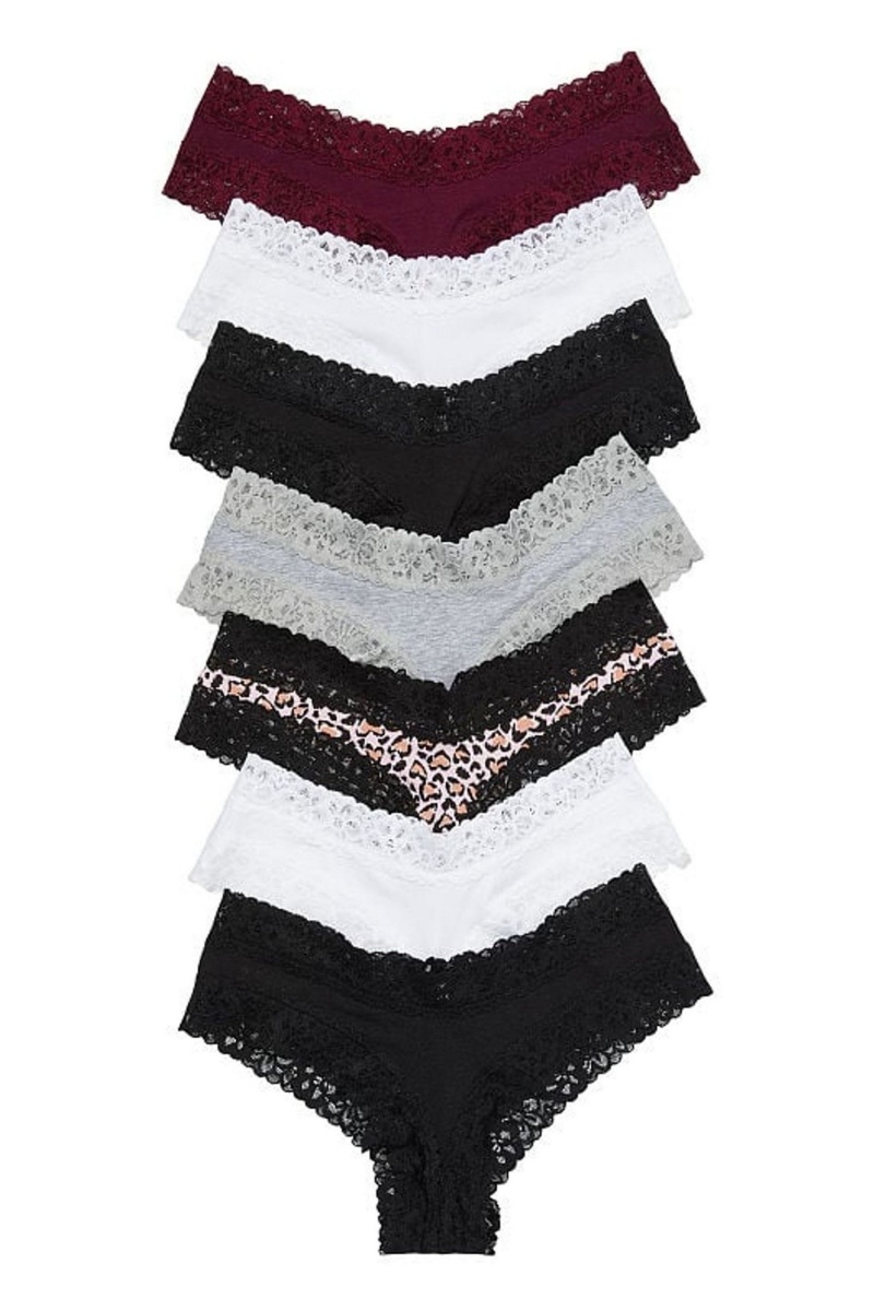 Black/White/Leopard/Grey/Burgundy Victoria\'s Secret The Lacie Lace Trim Cheeky Knickers 7 Pack | AOC-071895