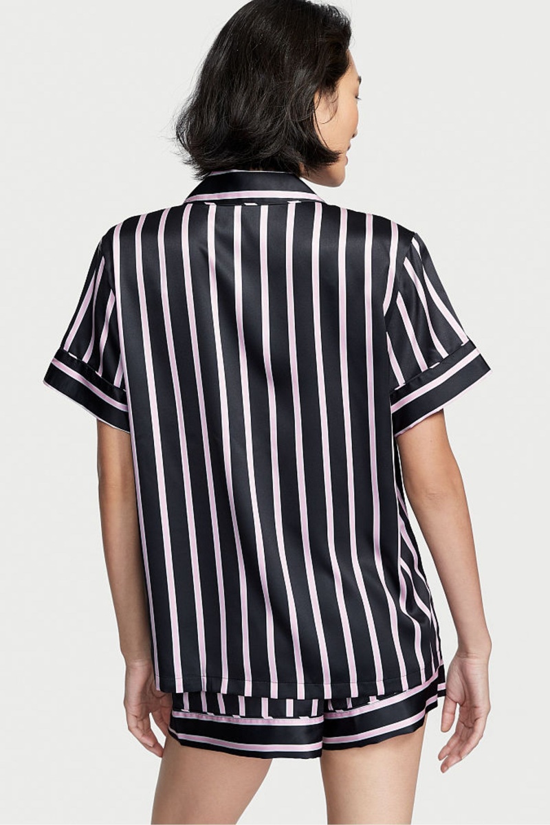 Black Classic Stripe Victoria's Secret Satin Short Pyjamas | TNR-609283