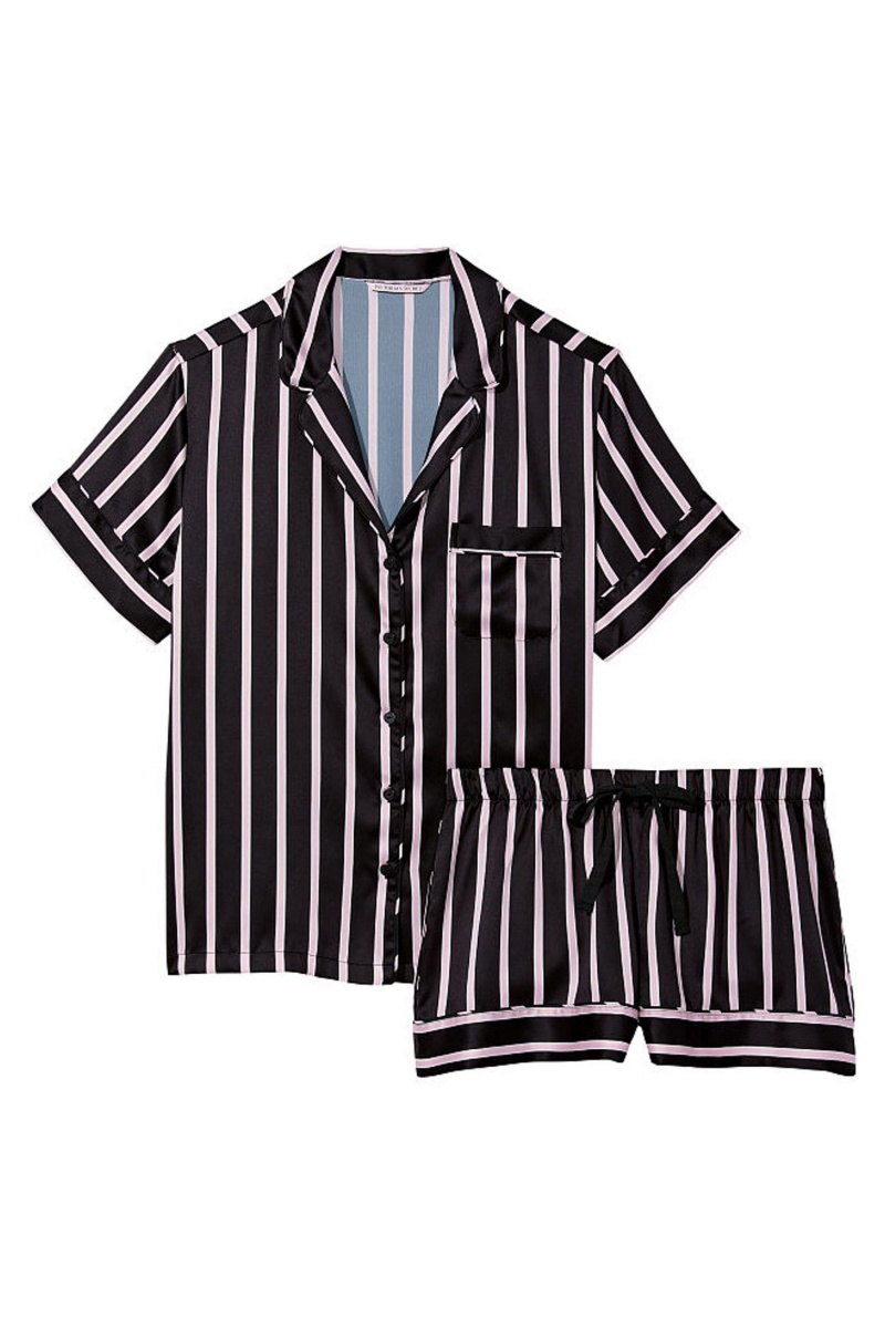 Black Classic Stripe Victoria's Secret Satin Short Pyjamas | TNR-609283