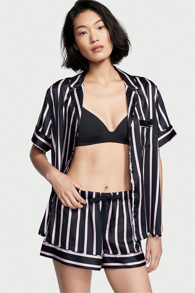 Black Classic Stripe Victoria\'s Secret Satin Short Pyjamas | TNR-609283