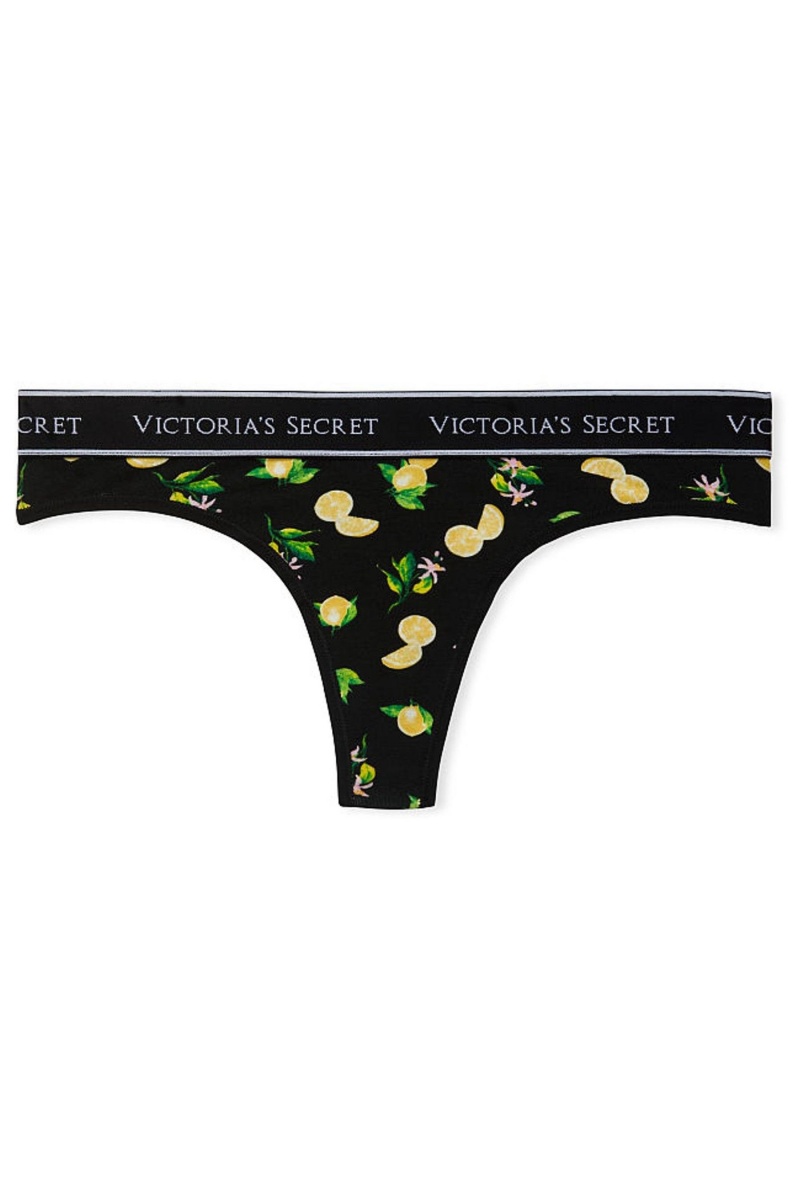 Black Flamingo Party Victoria's Secret Stretch Cotton Cotton Logo Thong Knickers | HWG-971280