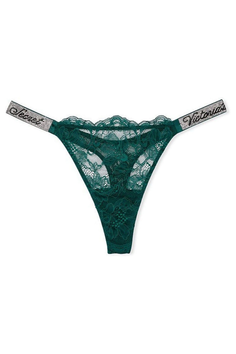 Black Ivy Green Victoria's Secret Very Sexy Lace Shine Strap Thong Knickers | WUM-591643