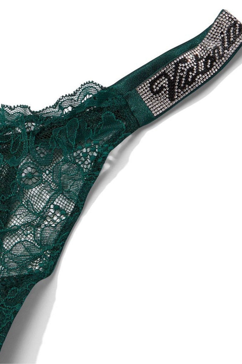 Black Ivy Green Victoria's Secret Very Sexy Lace Shine Strap Thong Knickers | WUM-591643