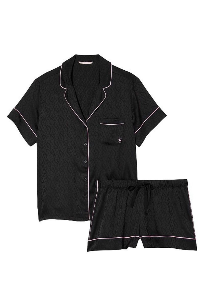 Black Jacquard Victoria's Secret Satin Short Pyjamas | OXD-598647