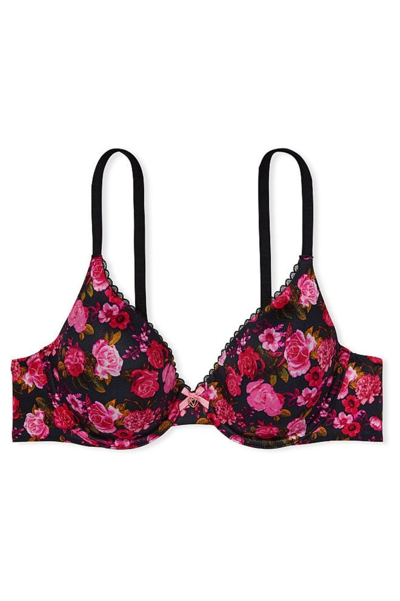 Black Pink Floral Victoria's Secret Body by Victoria Smooth Full Cup Push Up Bra | IAO-491625