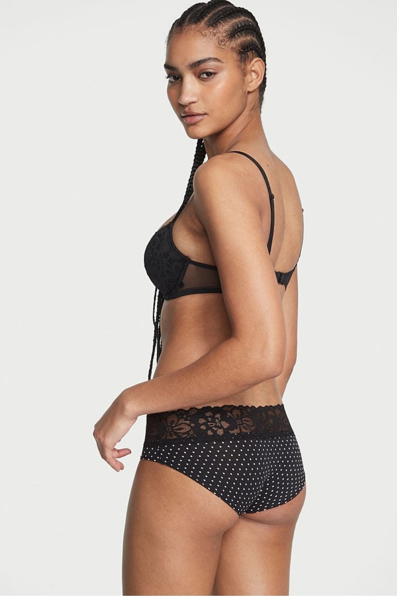 Black Tiny Mini Dot Victoria's Secret No-Show Lace Waist Hipster Knickers | UWE-760532