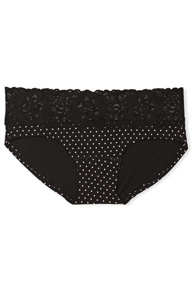 Black Tiny Mini Dot Victoria's Secret No-Show Lace Waist Hipster Knickers | UWE-760532