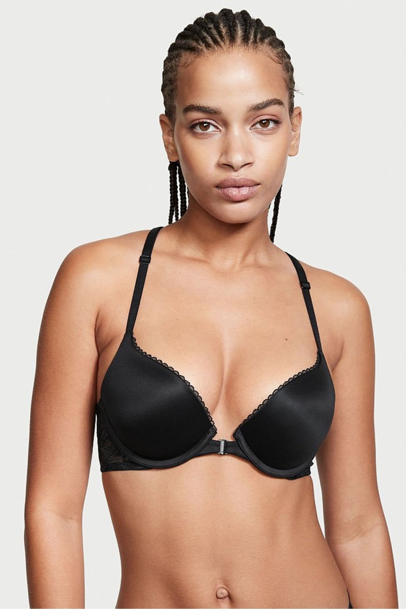 Black Victoria\'s Secret Body by Victoria Lace Trim Front Fastening Push Up Bra | PDF-235796