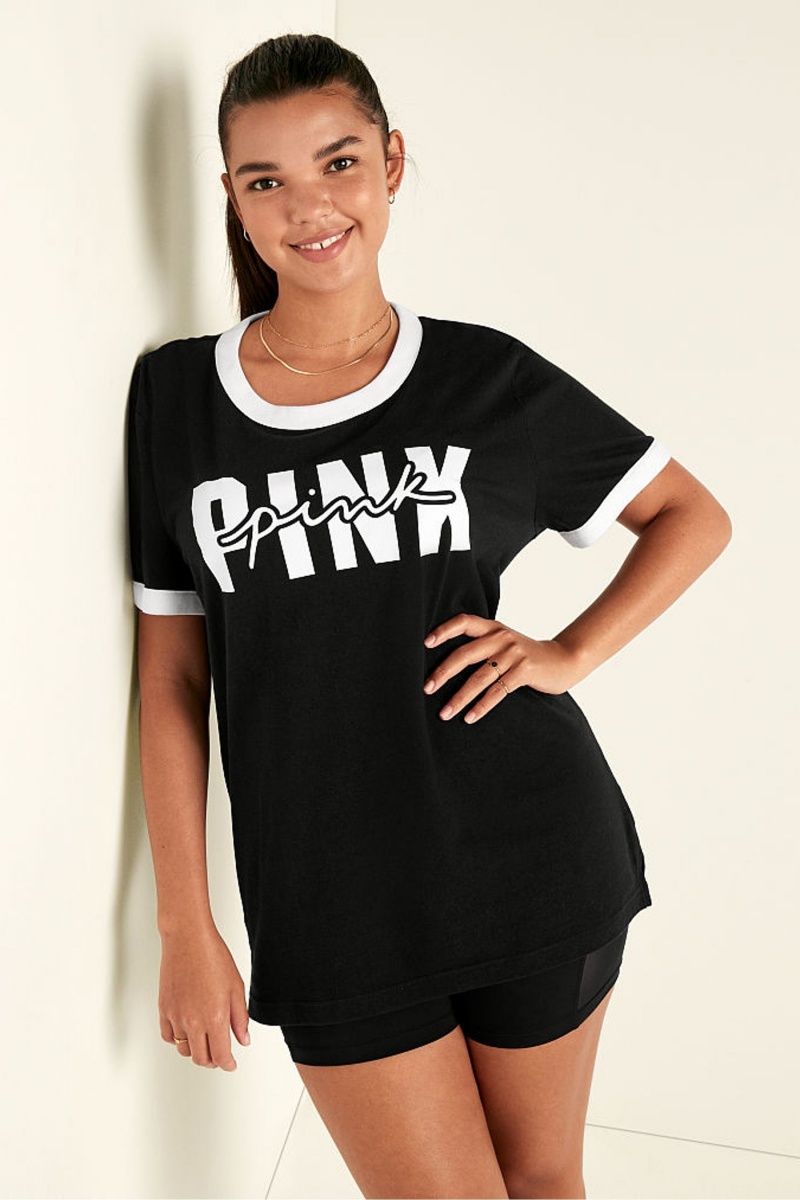 Black Victoria\'s Secret Cotton Short Sleeve Campus Ringer T-Shirt | EPH-891523