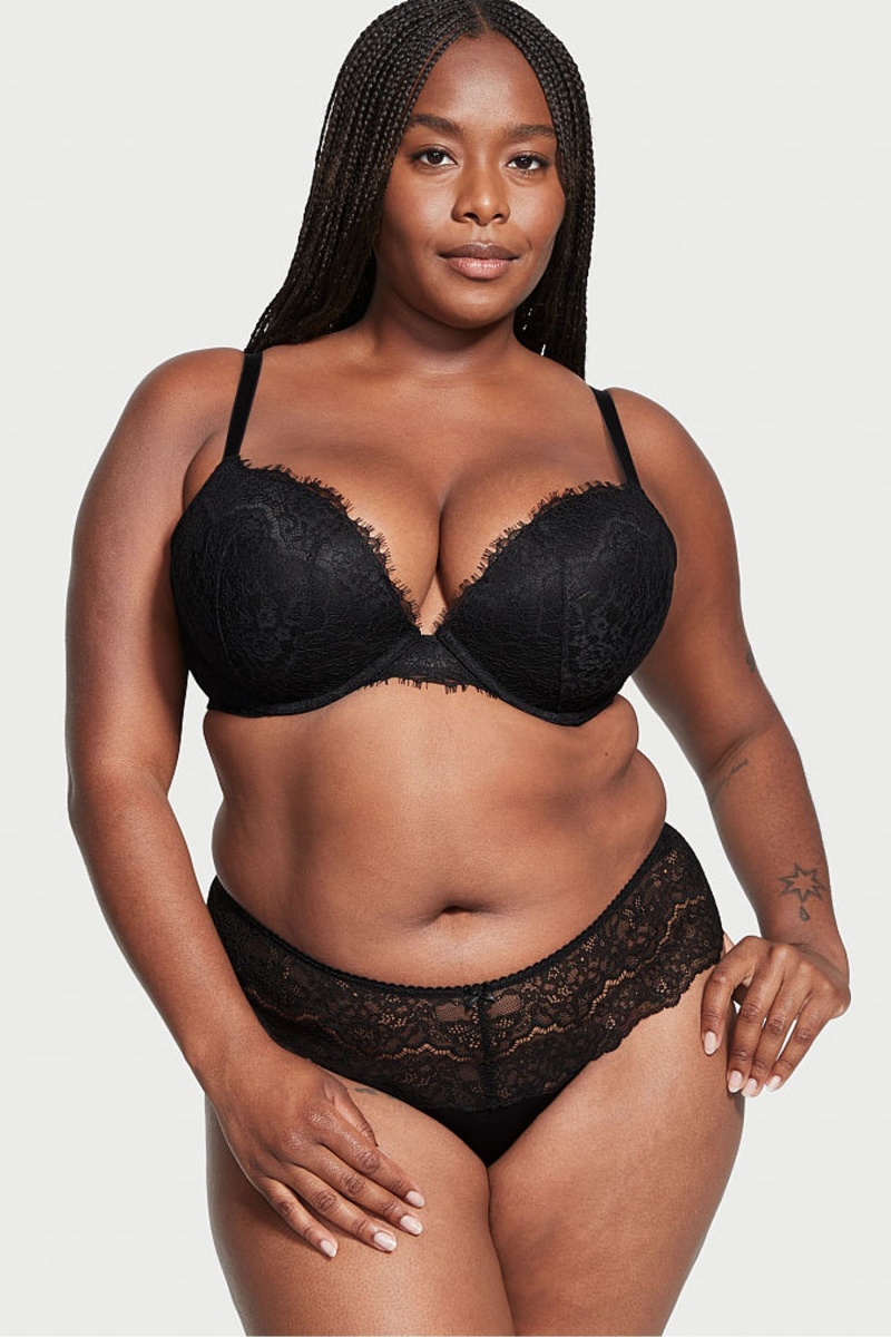 Black Victoria's Secret Dream Angels Lace Push Up Bra | DNU-607354