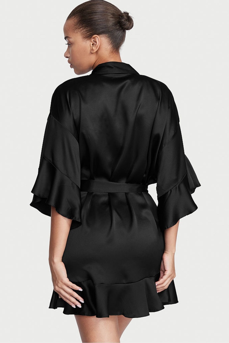 Black Victoria's Secret Flounce Satin Robe | WYR-625198