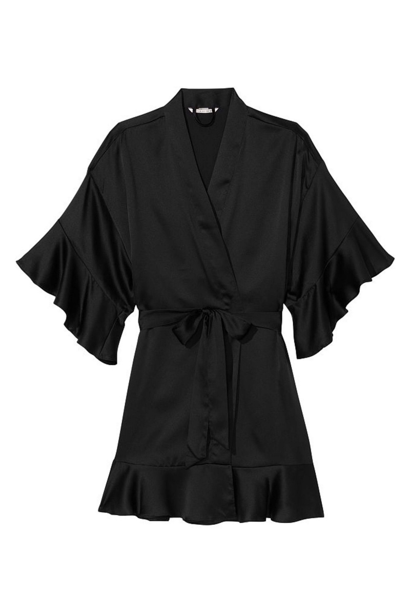 Black Victoria's Secret Flounce Satin Robe | WYR-625198