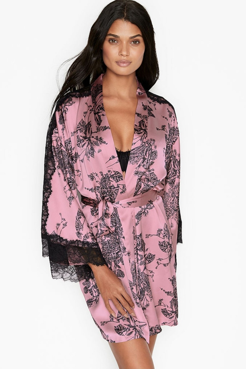 Black Victoria\'s Secret Lace Inset Kimono Robe | HPK-289704