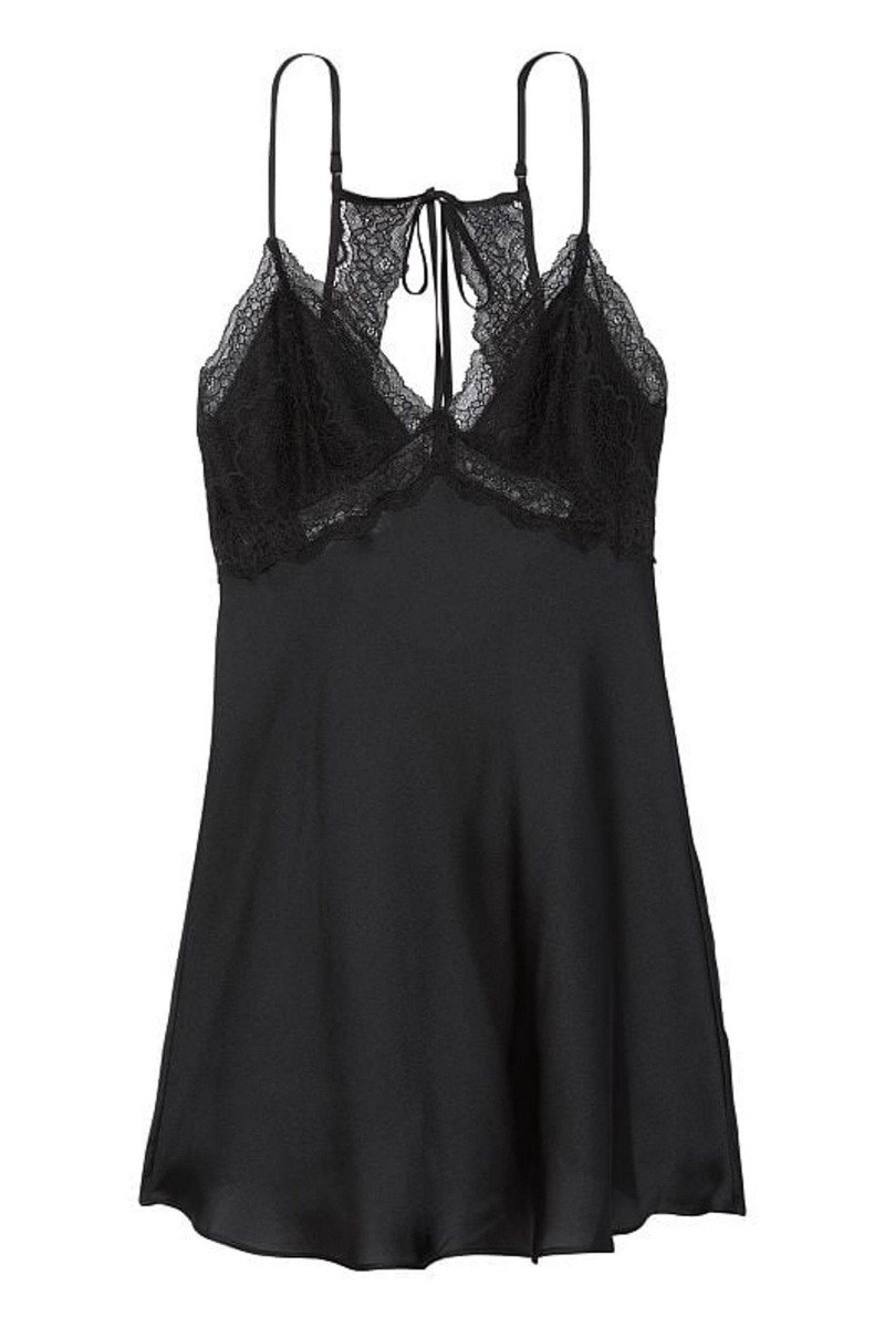 Black Victoria's Secret Lace Plunge OpenBack Slip | CHS-756348