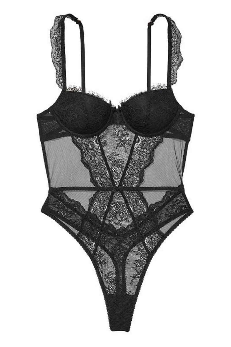 Black Victoria's Secret Lightly Lined Demi Lace Bodysuit | ENO-291756