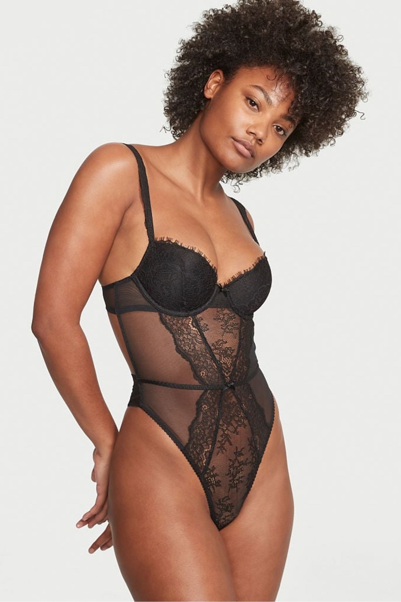 Black Victoria\'s Secret Lightly Lined Demi Lace Bodysuit | ENO-291756