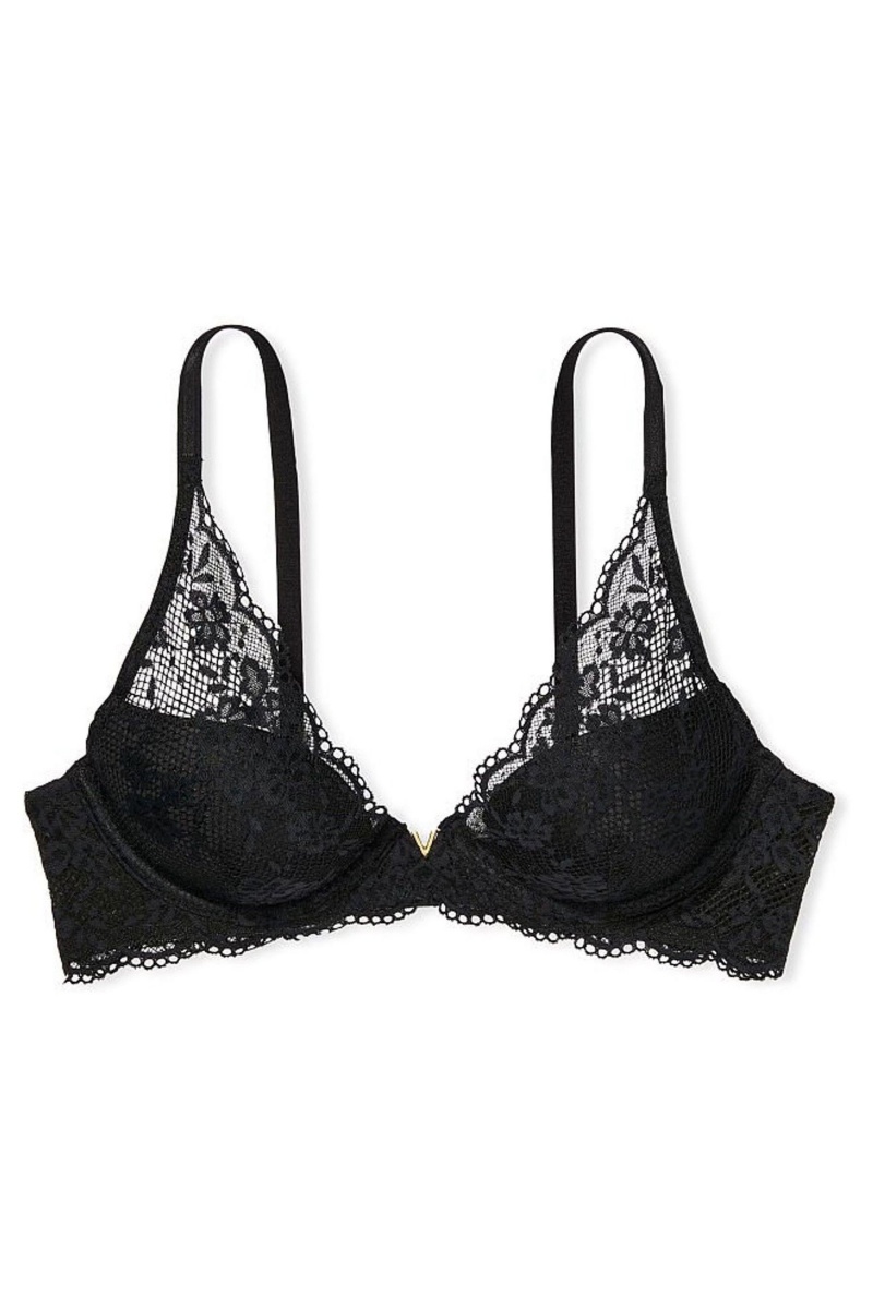 Black Victoria's Secret Love Cloud Lace Half Pad Plunge Bra | JCM-478260