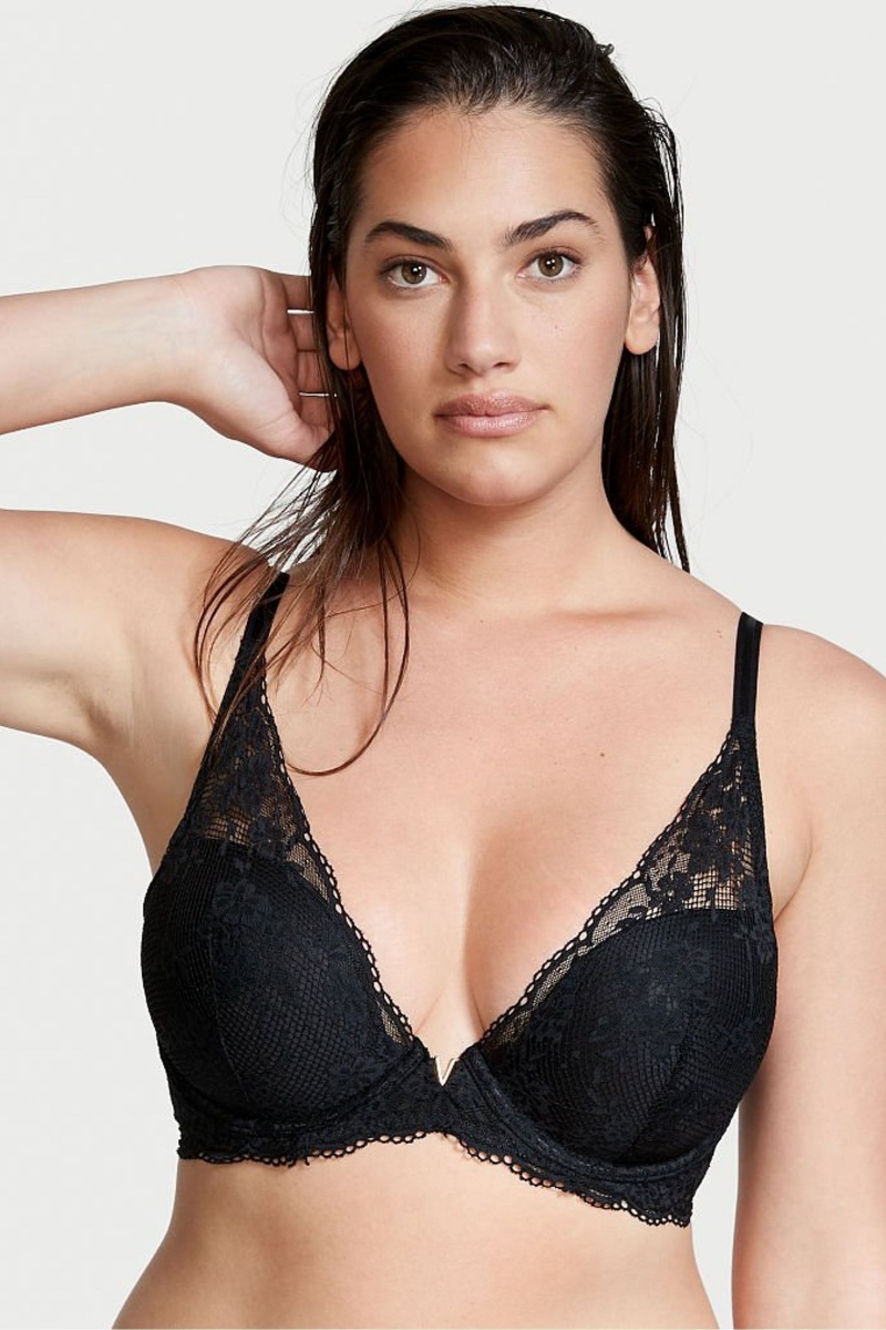 Black Victoria\'s Secret Love Cloud Lace Half Pad Plunge Bra | JCM-478260