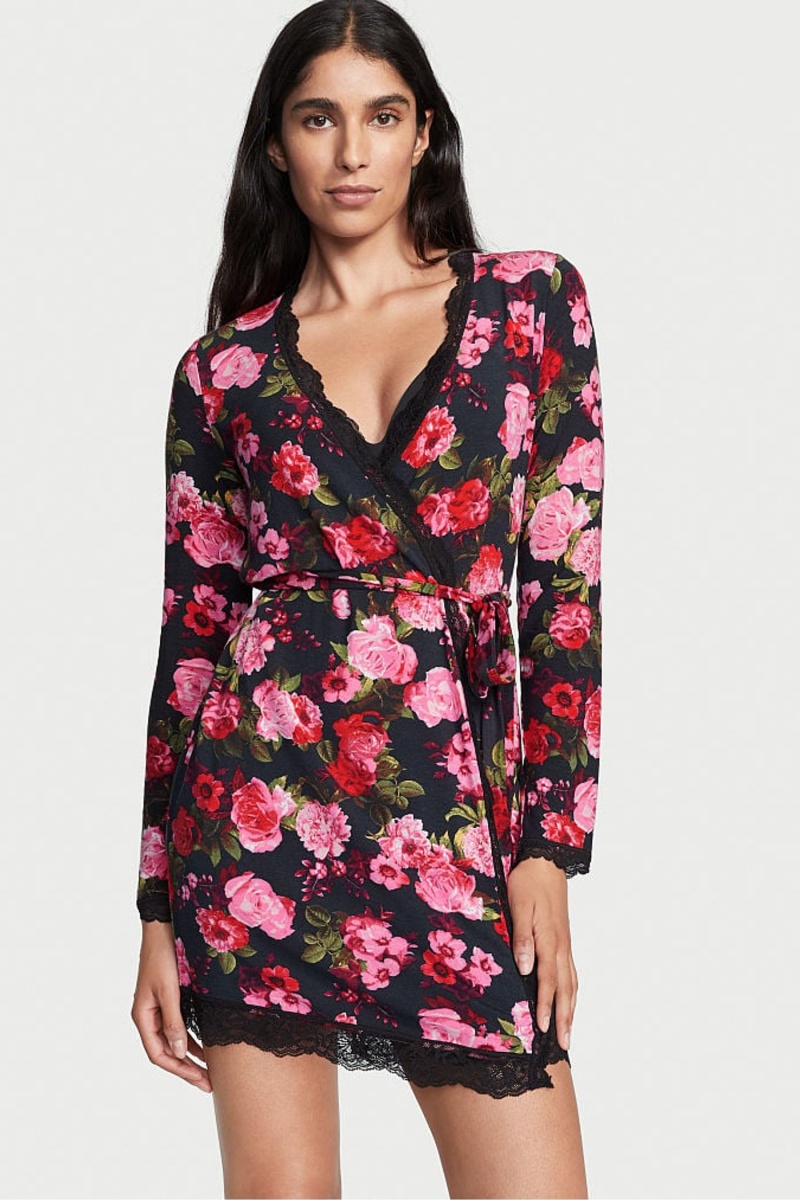 Black Victoria\'s Secret Modal Short Long Sleeve Robe | REF-683107