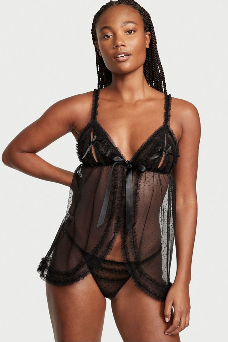 Black Victoria\'s Secret Ruffle Peekaboo Babydoll | XJS-418967