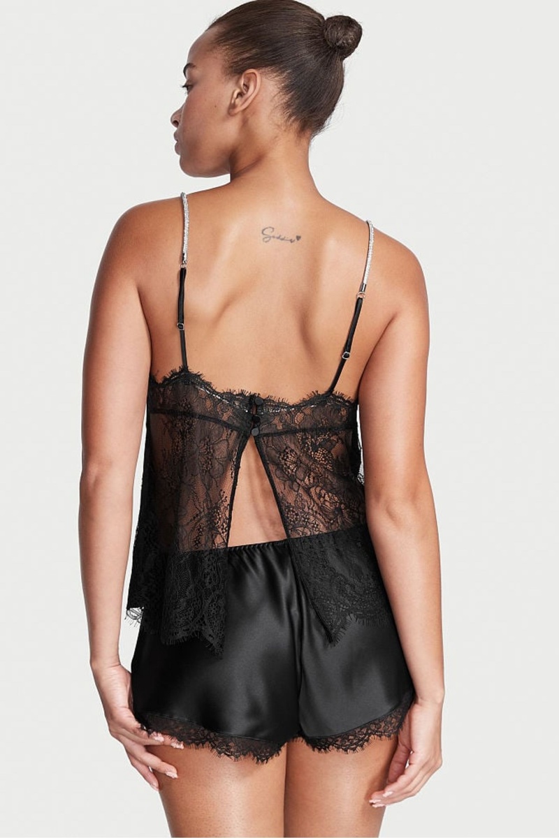 Black Victoria's Secret Satin Lace Back Cami Set | NUO-685241