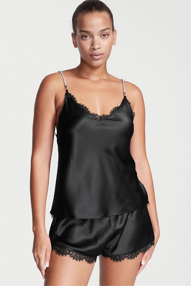 Black Victoria\'s Secret Satin Lace Back Cami Set | CKB-705842