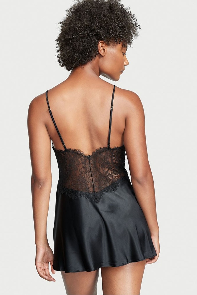 Black Victoria's Secret Satin Lace Slip Dress | WHD-853206