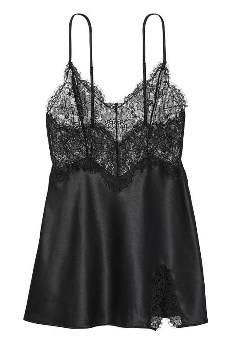 Black Victoria's Secret Satin Lace Slip Dress | WHD-853206