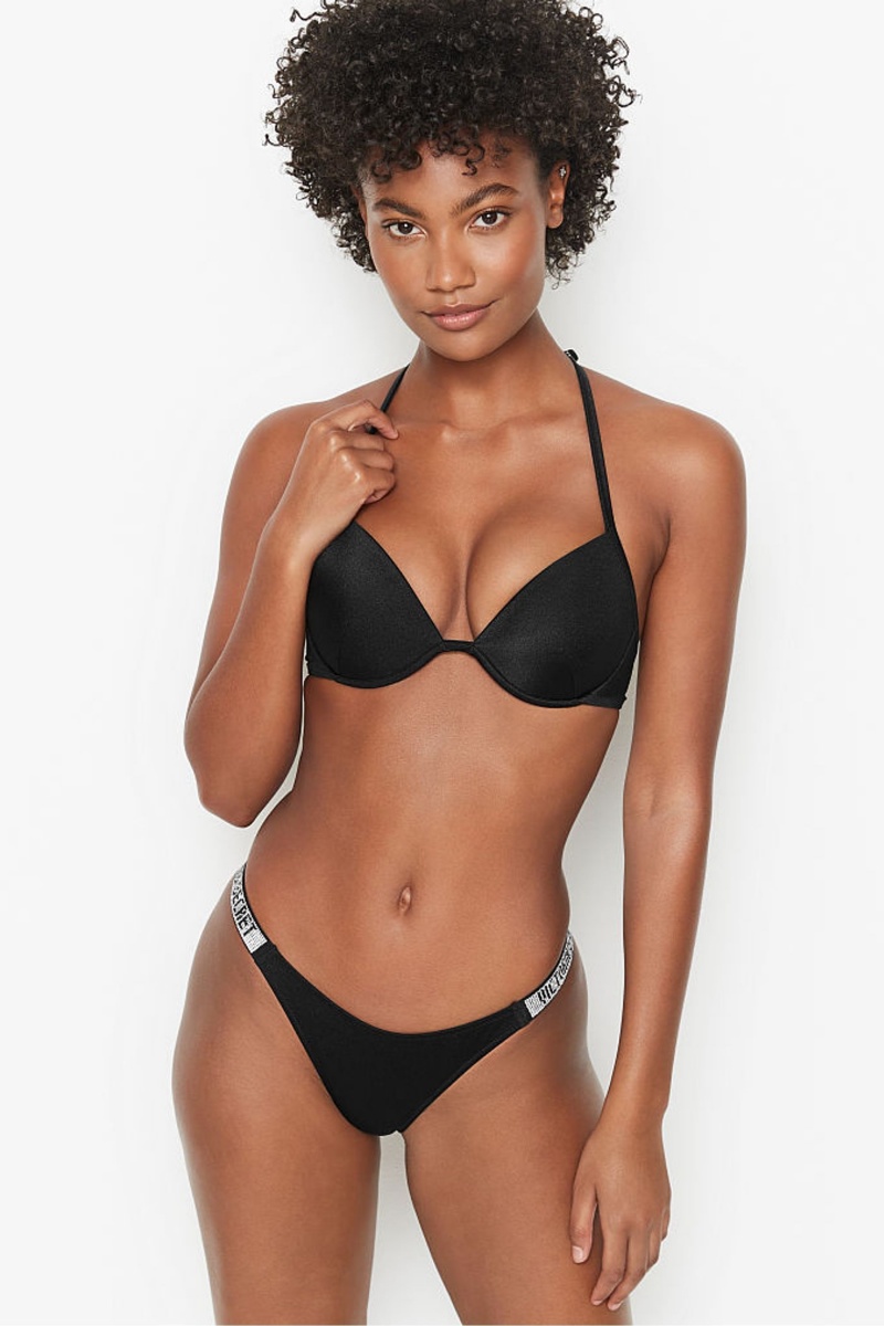 Black Victoria\'s Secret Shine Strap Swim Bikini Bottom | GOR-752398