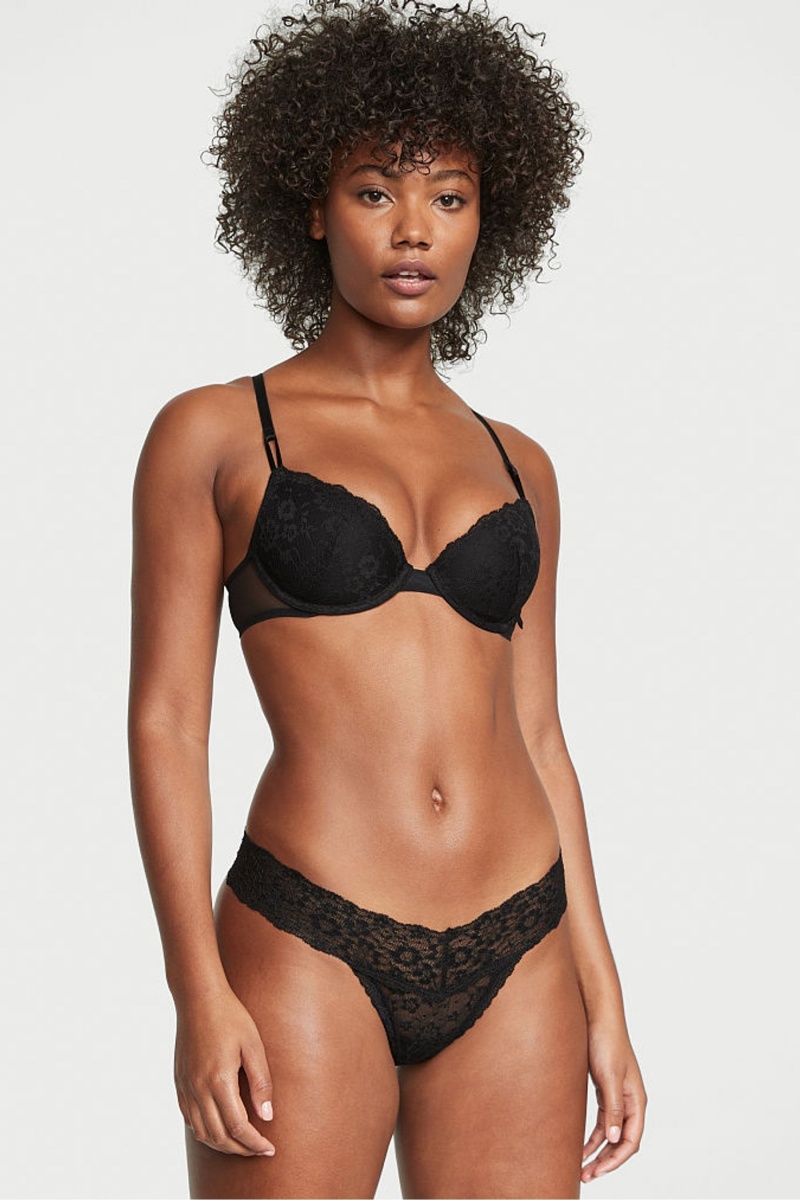 Black Victoria\'s Secret The Lacie Lace Thong Knickers | TAM-538207