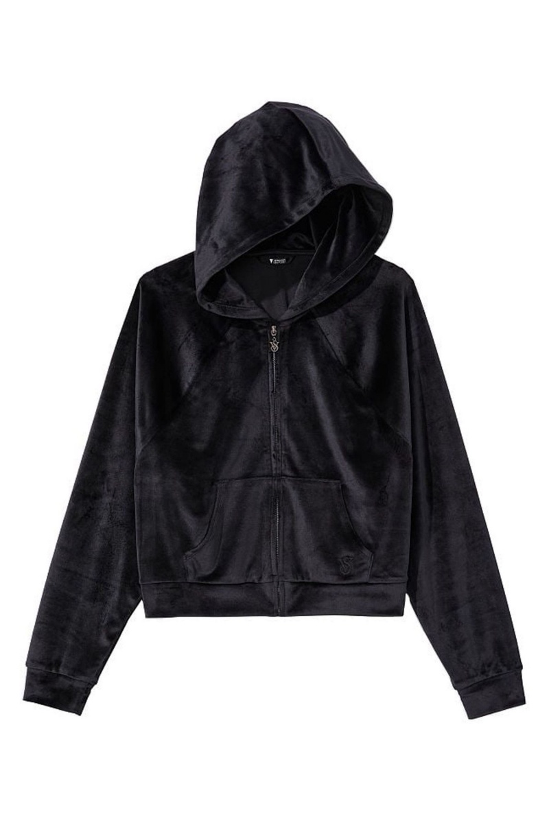 Black Victoria's Secret Velour Lounge Zip Up Hoodie | HGT-641307