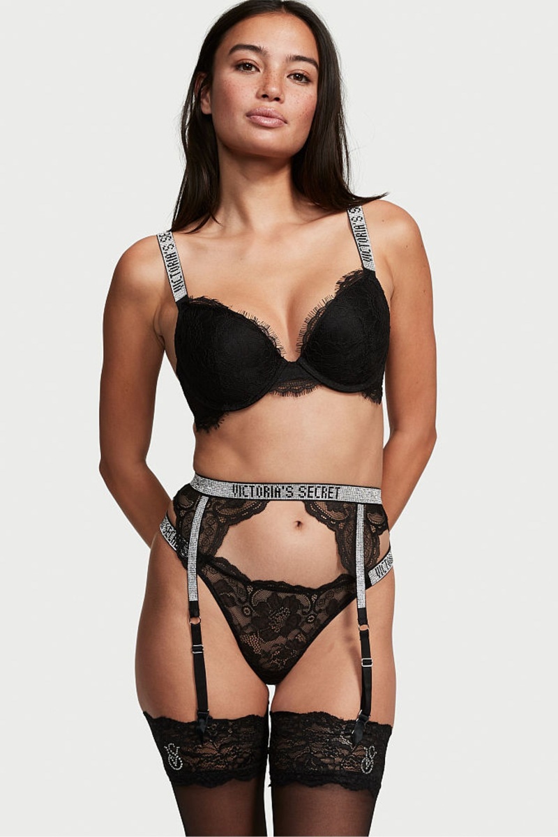 Black Victoria\'s Secret Very Sexy Shine Strap Suspenders | QGL-476158